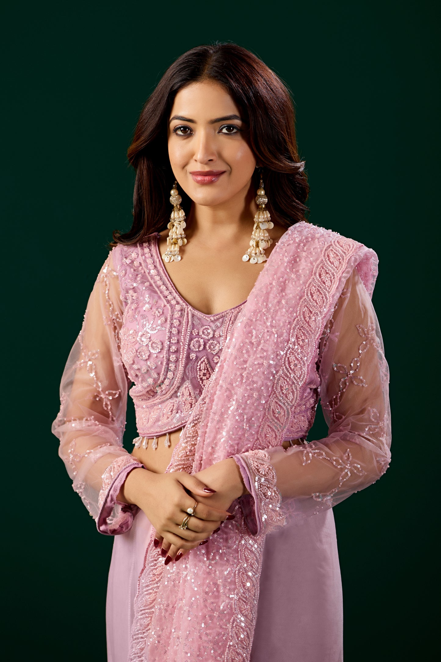 Styalish Net Heavy Cutdana Embroidered Pink Saree (Deepika)