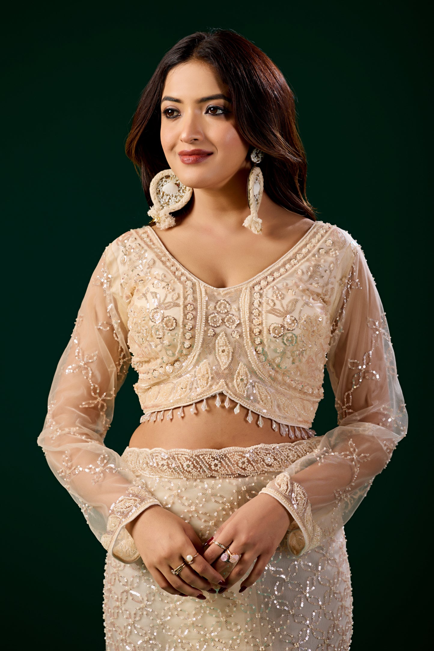 Styalish Net Heavy Cutdana Embroidered Cream Saree (Deepika)