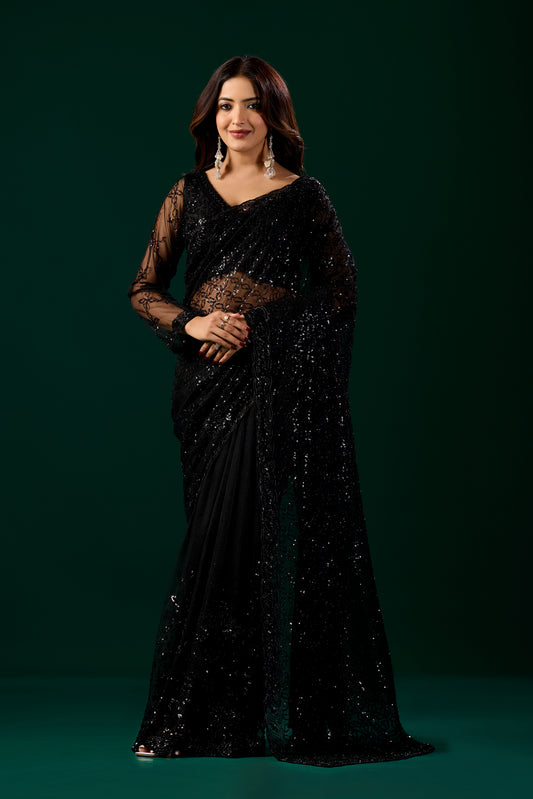 Kanyaari Black Net Handwork Saree With Unstitched Blouse