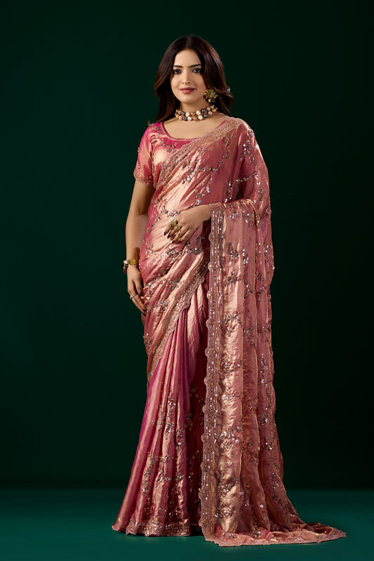 Premium Silk Pink Saree with Rose Gold Cutdana Work (Nakhrali)