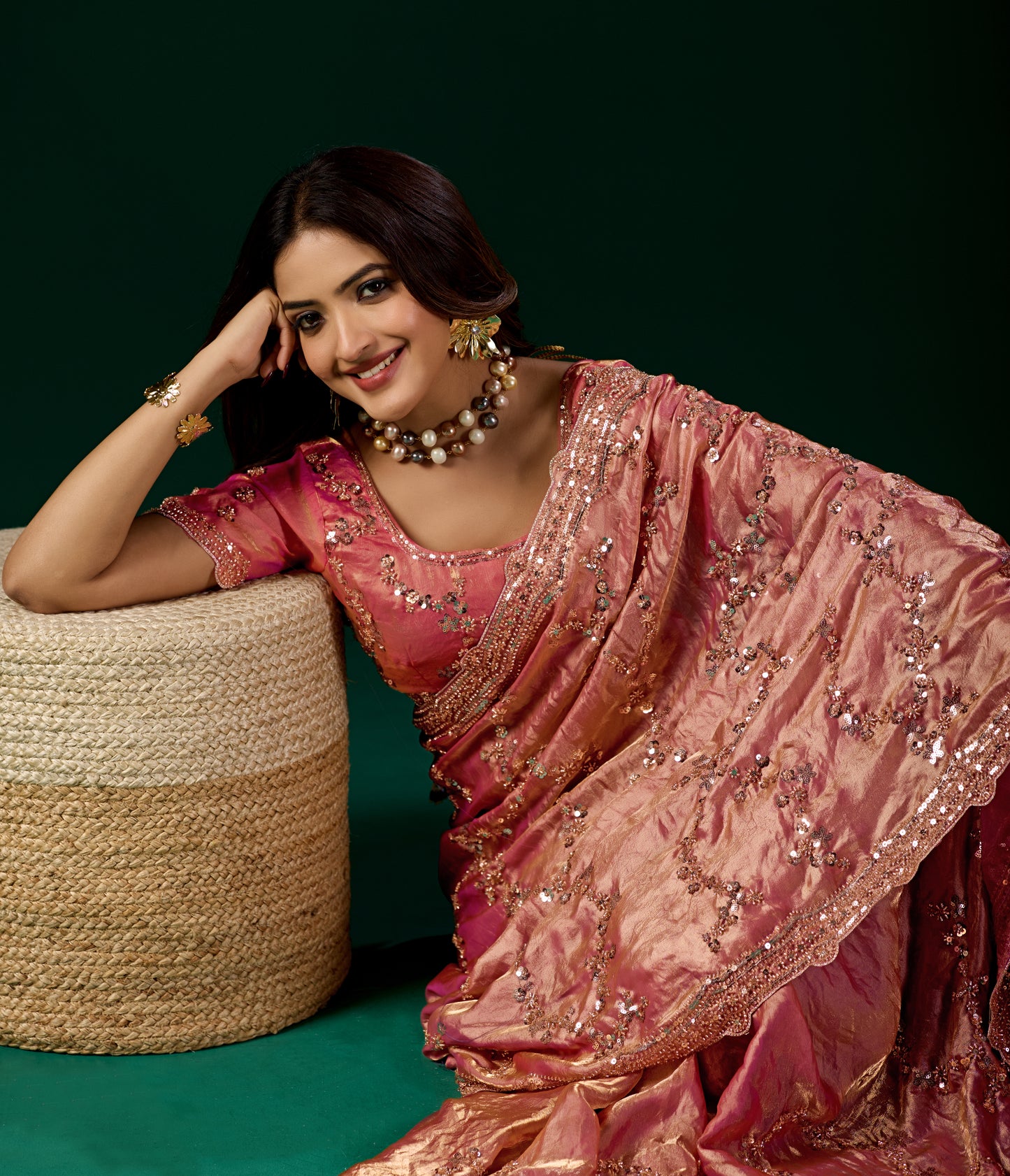 Premium Silk Pink Saree with Rose Gold Cutdana Work (Nakhrali)