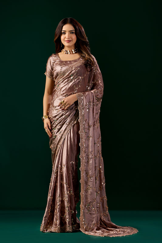 Premium Silk BROWN Saree with Rose Gold Cutdana Work (Nakhrali)