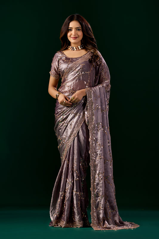 Premium Silk PURPLE LAVENDER Saree with Rose Gold Cutdana Work (Nakhrali)