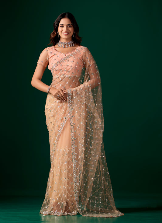 Cross Stylish Orange Net saree with Cutdana Work