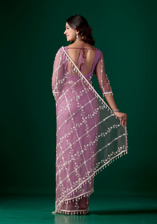 Tamannaah Purple Net Saree Cutdana work