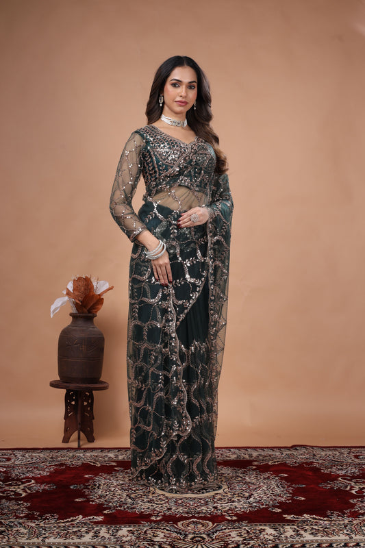 Green Net Saree Featuring Heavy Cutdana Work Border (Karina)