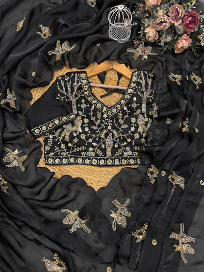 Black Fendy silk saree by Kanyaari featuring rose gold handwork embroidery and elegant drape for traditional occasions.