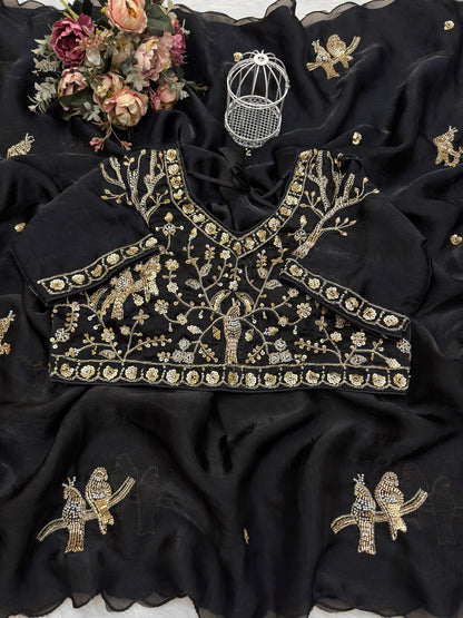 Black Fendy silk saree by Kanyaari featuring elegant rose gold handwork embroidery and intricate detailing.