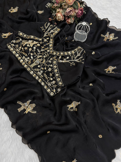 Black Fendy silk saree with rose gold handwork embroidery by Kanyaari, showcasing intricate design and luxurious fabric.