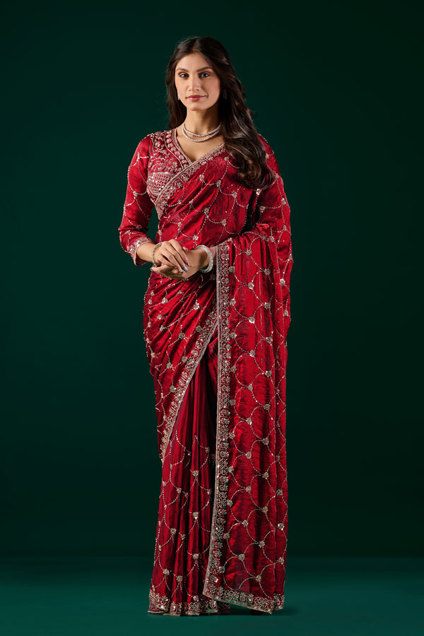 Kanyaari Rashmika luxury silk wine saree with rose gold cutdana work, showcasing intricate embroidery and elegant drape.