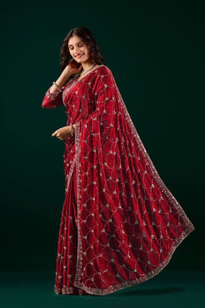 Kanyaari Rashmika luxury silk saree with rose gold cutdana work in wine color, intricate embroidery and elegant drape.