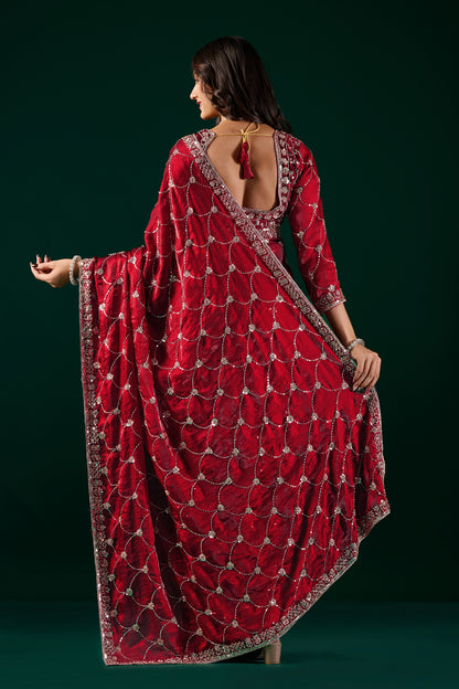 Kanyaari Rashmika luxury silk saree with rose gold cutdana work in wine color, featuring intricate embroidery and elegant drape.