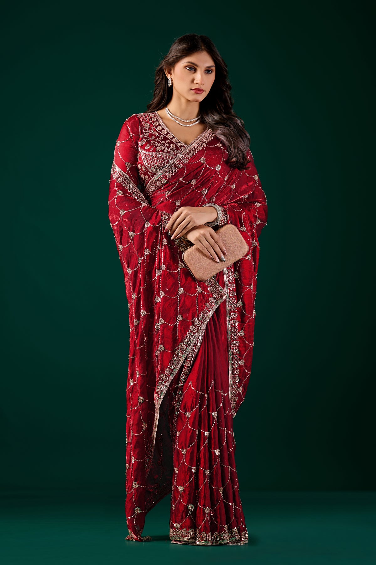 Kanyaari Rashmika luxury silk saree with rose gold cutdana work in wine color, showcasing intricate embroidery and elegant drape