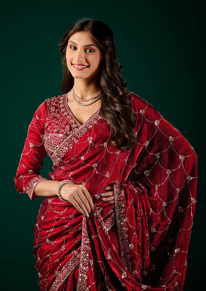 Kanyaari Rashmika luxury silk wine saree with rose gold cutdana work, intricate embroidery, and elegant drape.