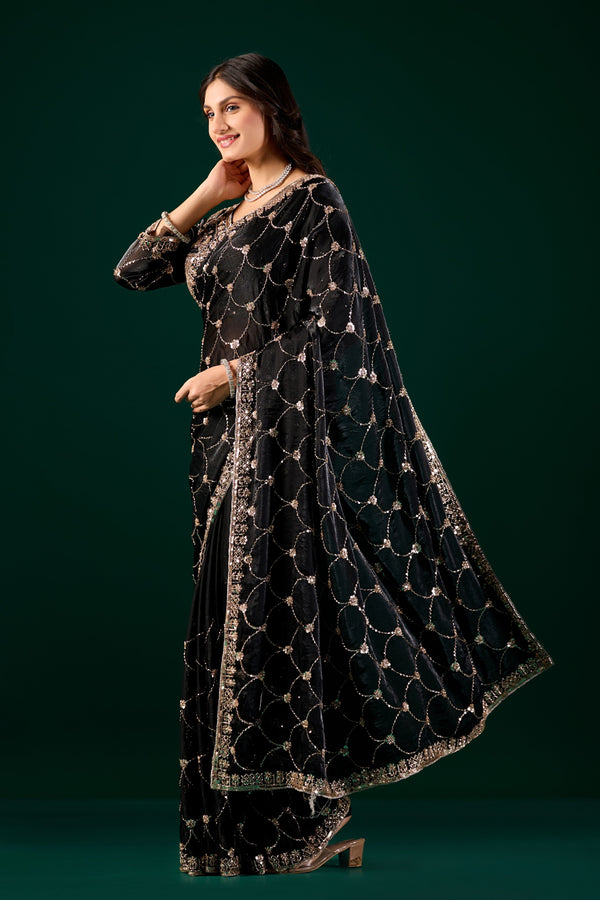 Luxury Silk Rose Gold Cutdana Work Black Saree (Rashmika)