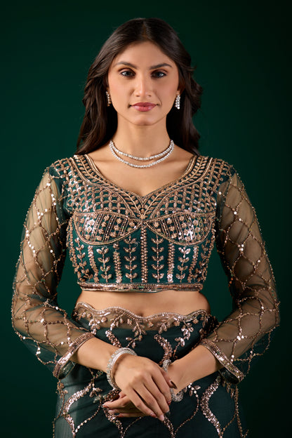 Green net saree with heavy cutdana work border from Kanyaari, showcasing intricate embroidery and elegant drape.