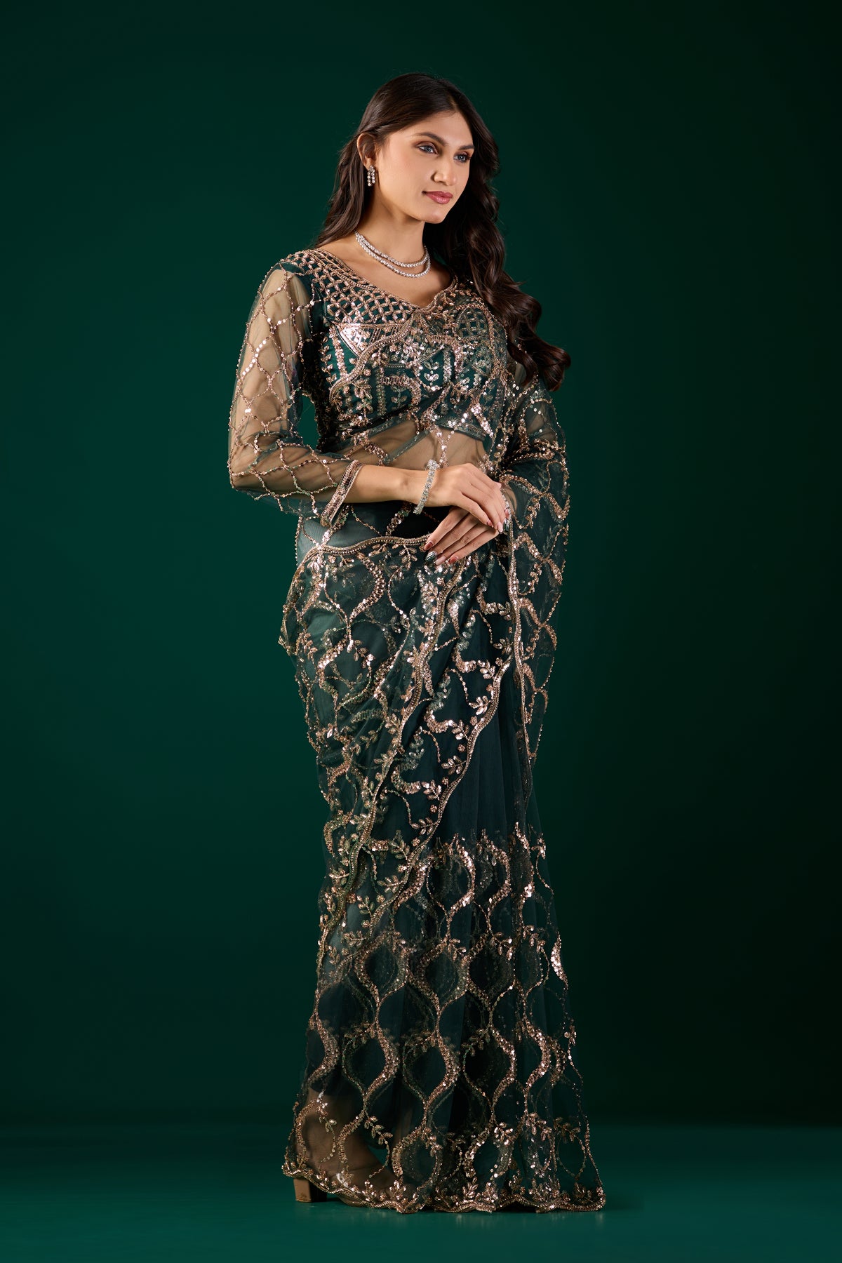 Green net saree with heavy cutdana work border by Kanyaari, showcasing intricate embroidery and elegant drape.