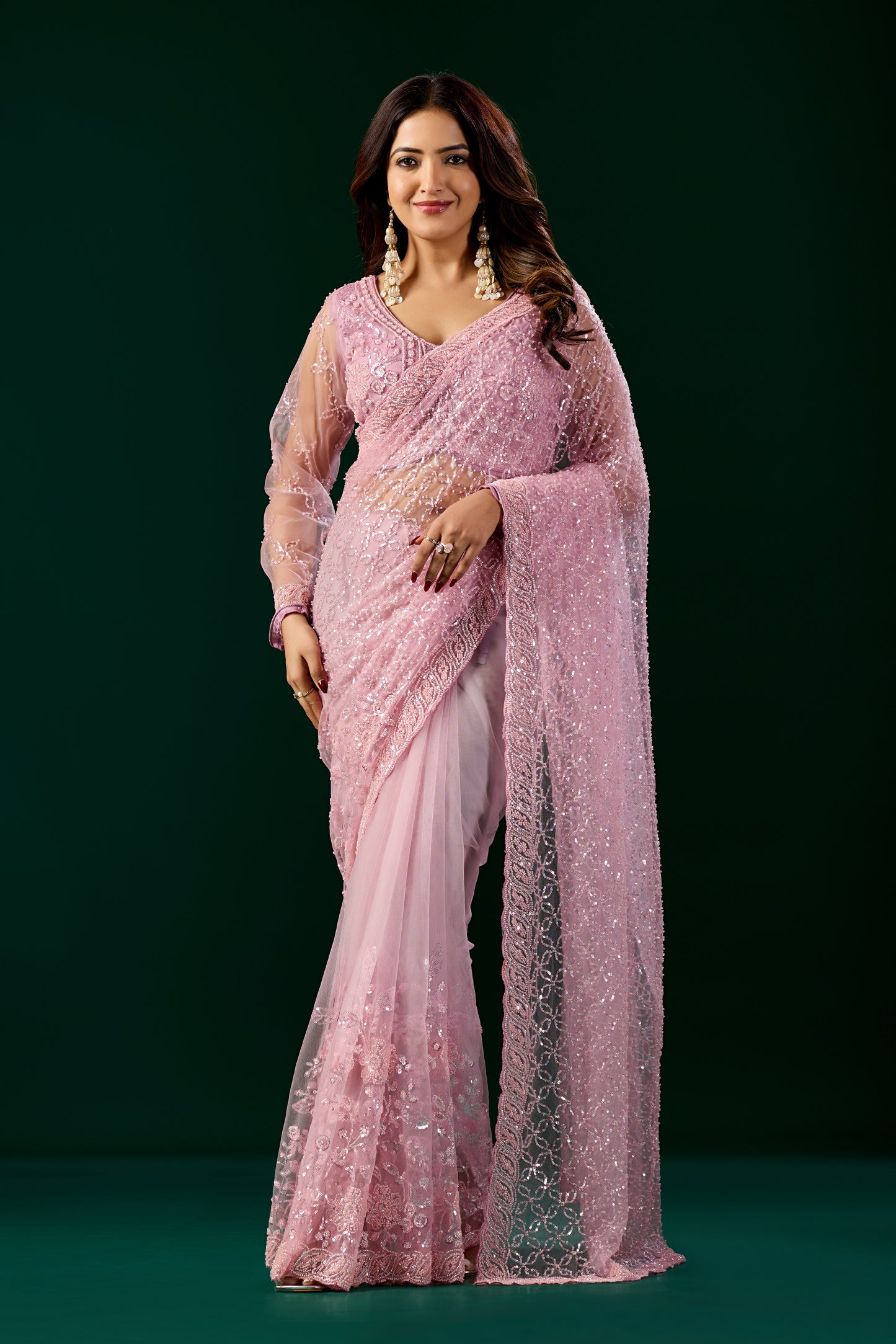 Styalish Net  Heavy Cutdana Embroidered Pink Saree (Deepika)