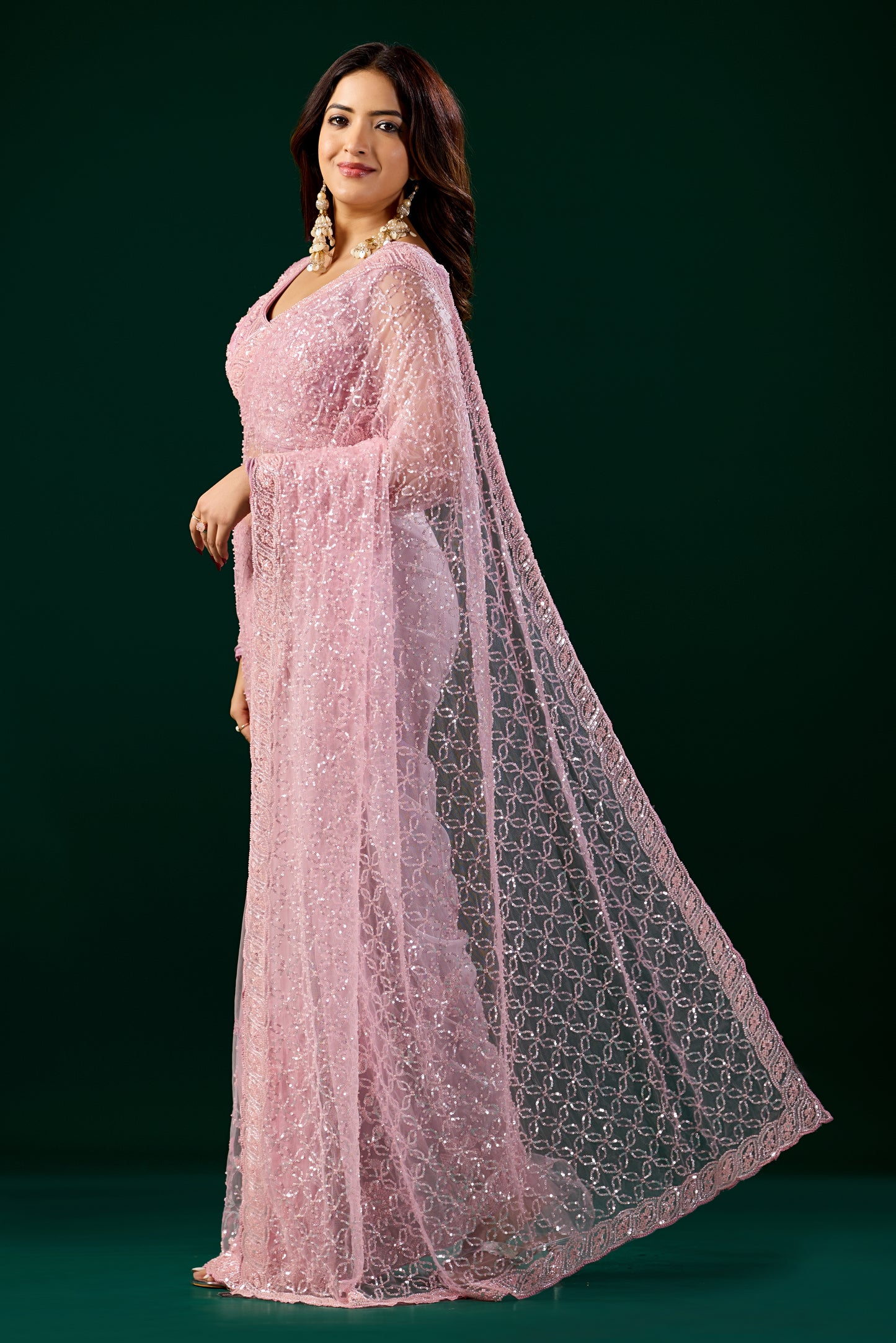 Styalish Net  Heavy Cutdana Embroidered Pink Saree (Deepika)