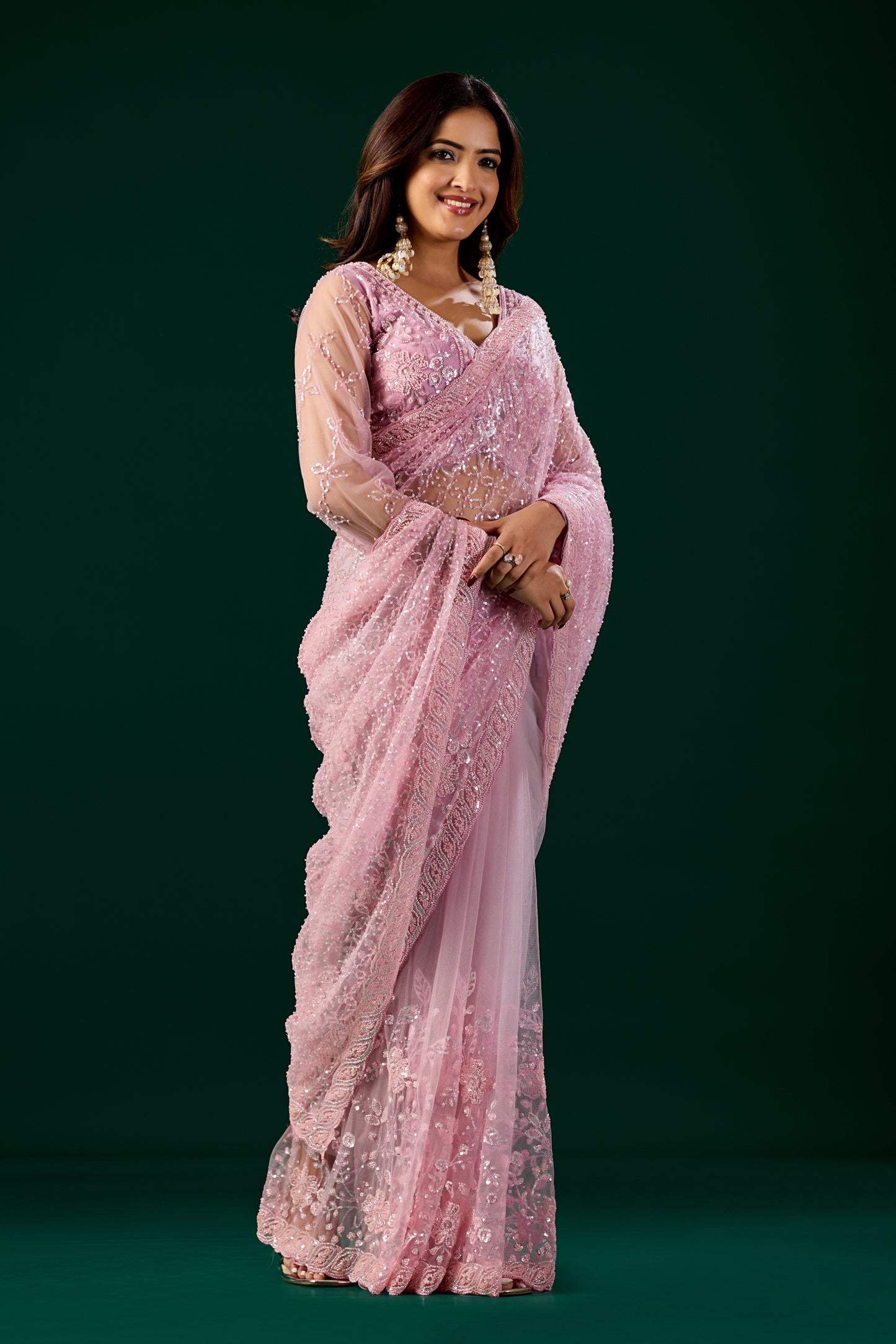 Styalish Net  Heavy Cutdana Embroidered Pink Saree (Deepika)