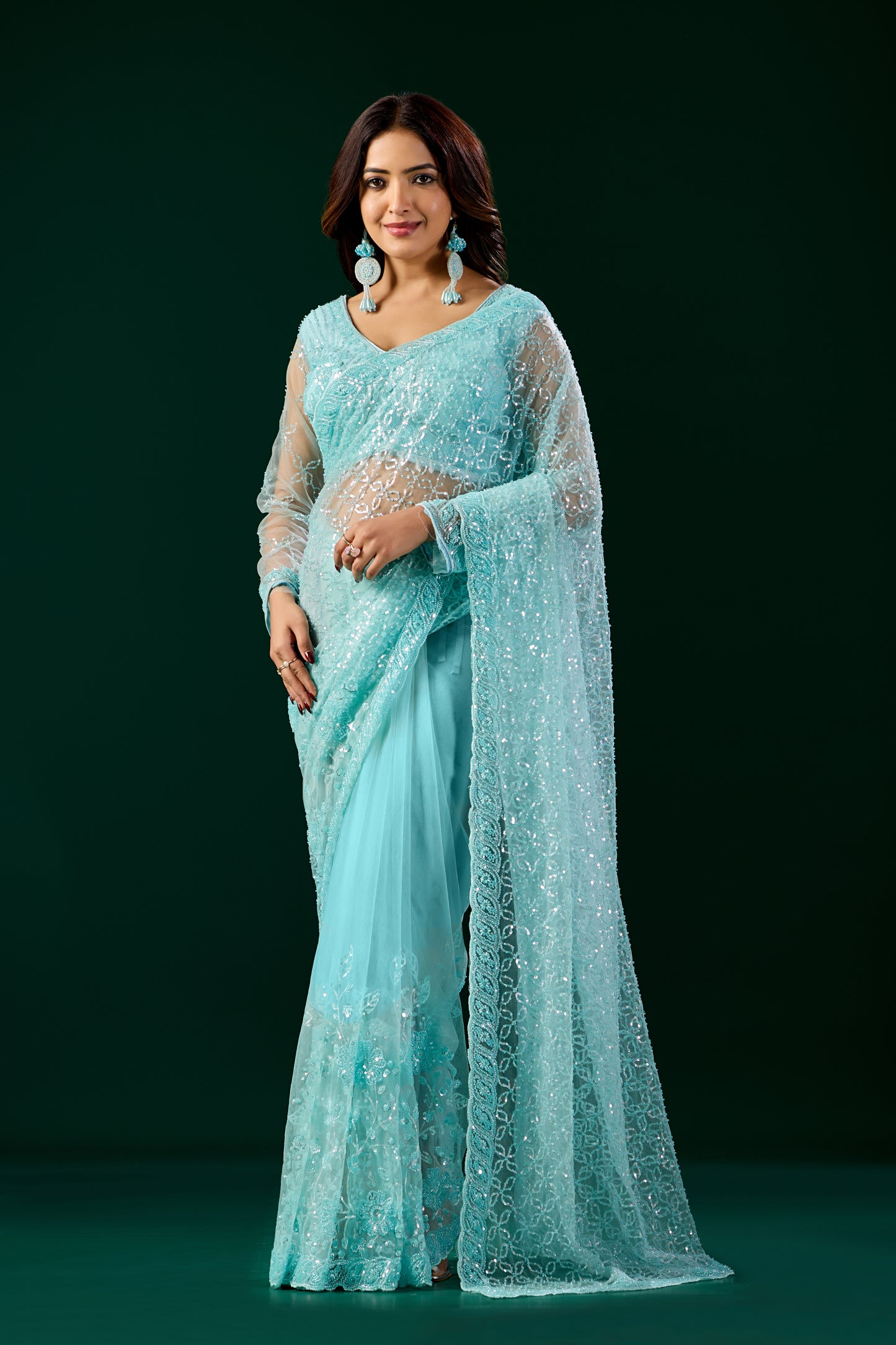 Styalish Net  Heavy Cutdana Embroidered Blue Saree (Deepika)