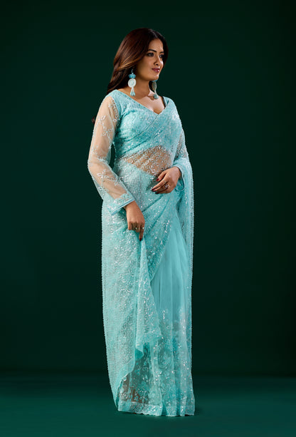 Blue Kanyaari saree with heavy cutdana embroidery and net fabric, featuring intricate work on the Deepika design.