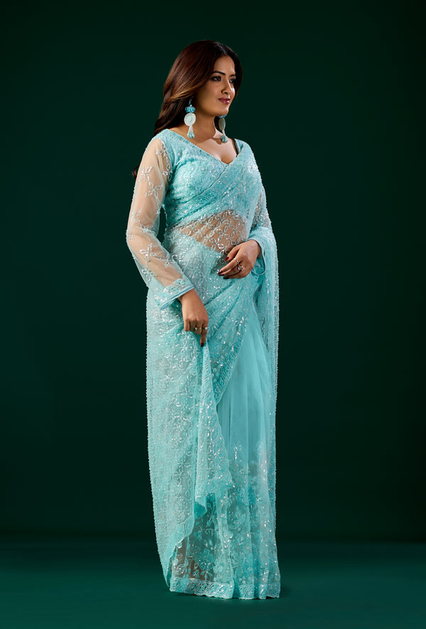Blue Kanyaari saree with heavy cutdana embroidery and net fabric, featuring intricate work on the Deepika design.