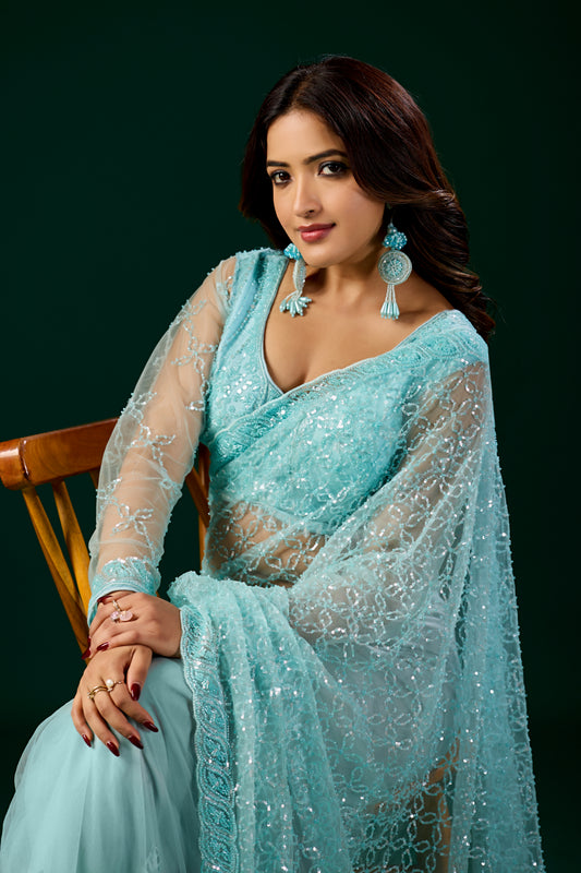 Styalish Net  Heavy Cutdana Embroidered Blue Saree (Deepika)