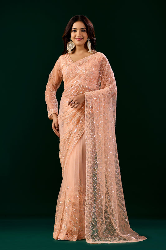 Styalish Net  Heavy Cutdana Embroidered Orange Saree (Deepika )