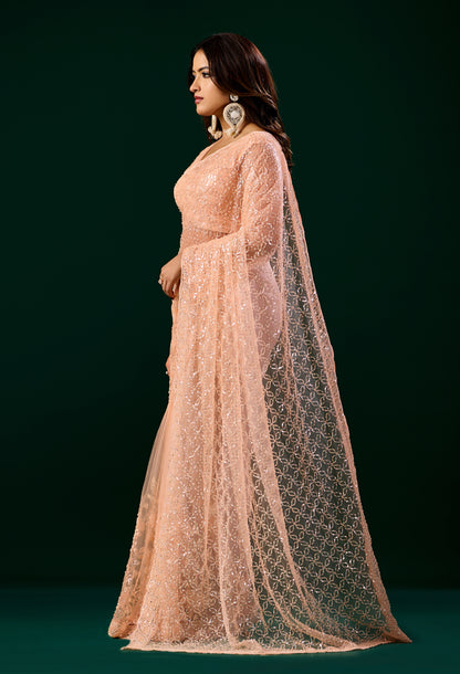 Orange embroidered saree with heavy cutdana work, stylish net fabric, from Kanyaari's Deepika collection.