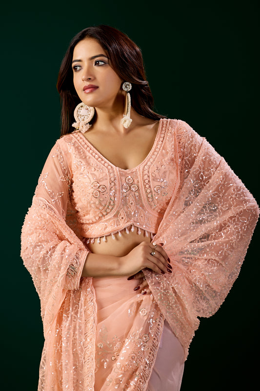 Styalish Net  Heavy Cutdana Embroidered Orange Saree (Deepika )