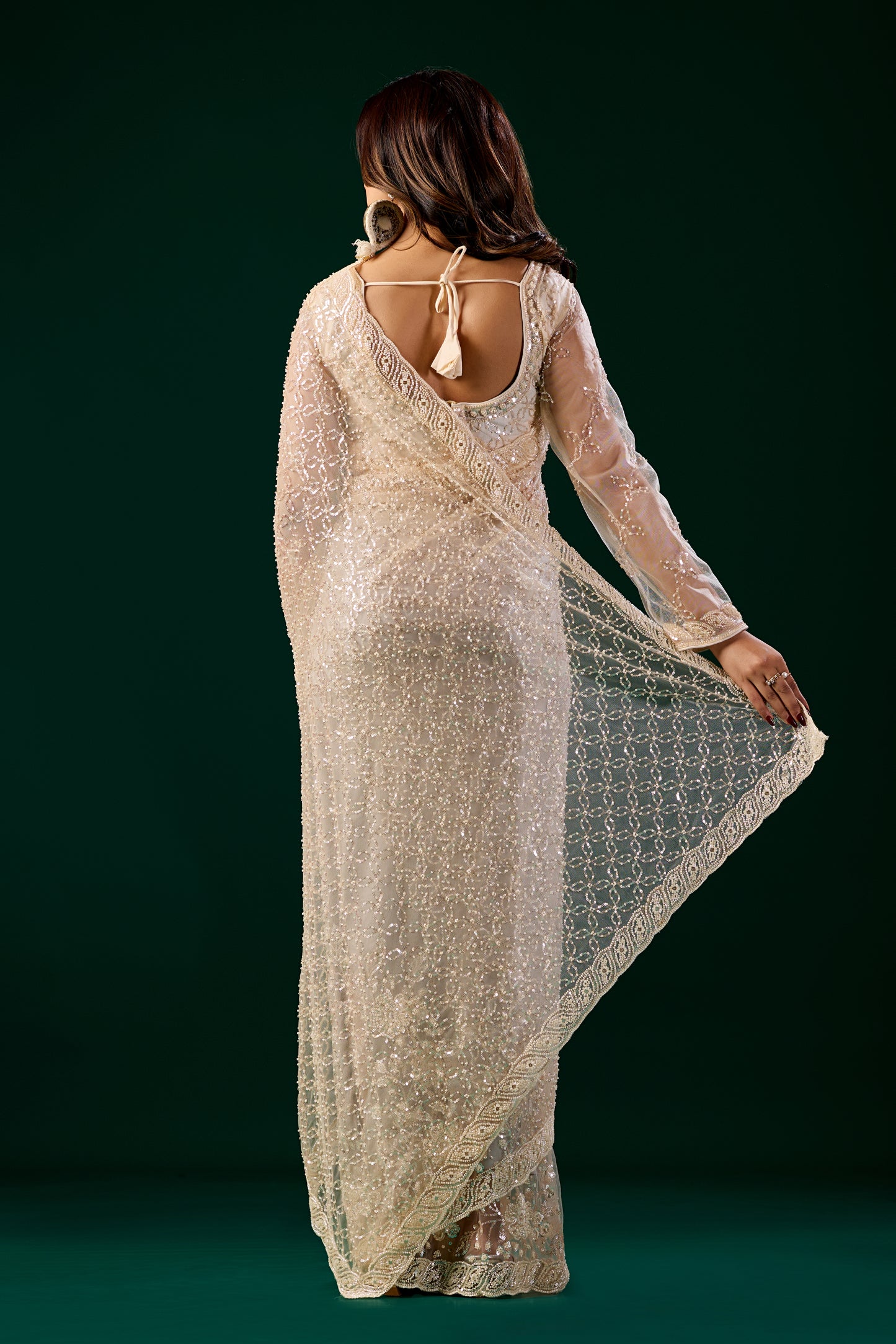 Styalish Net  Heavy Cutdana Embroidered Cream Saree (Deepika)