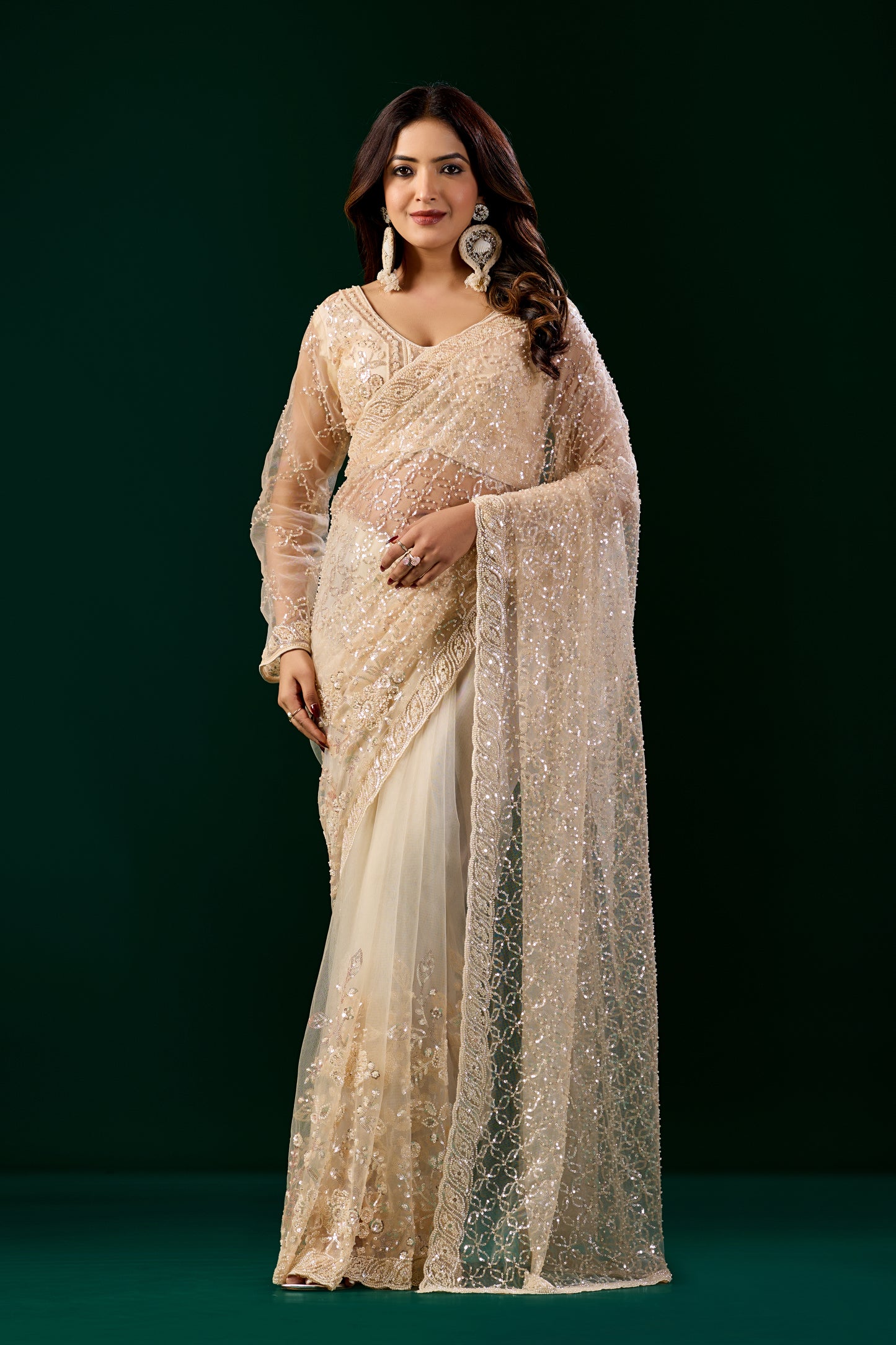 Styalish Net  Heavy Cutdana Embroidered Cream Saree (Deepika)