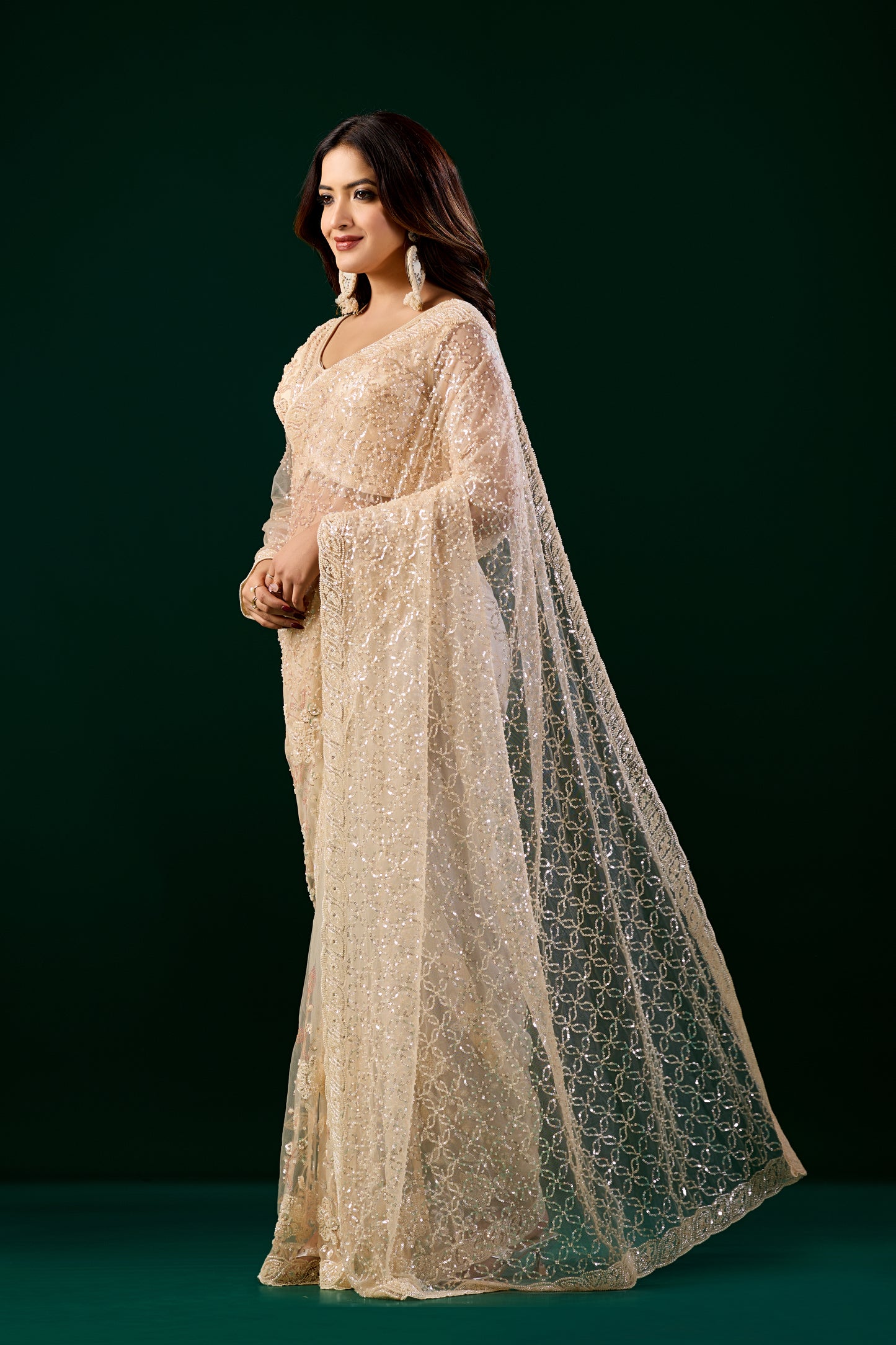 Styalish Net  Heavy Cutdana Embroidered Cream Saree (Deepika)
