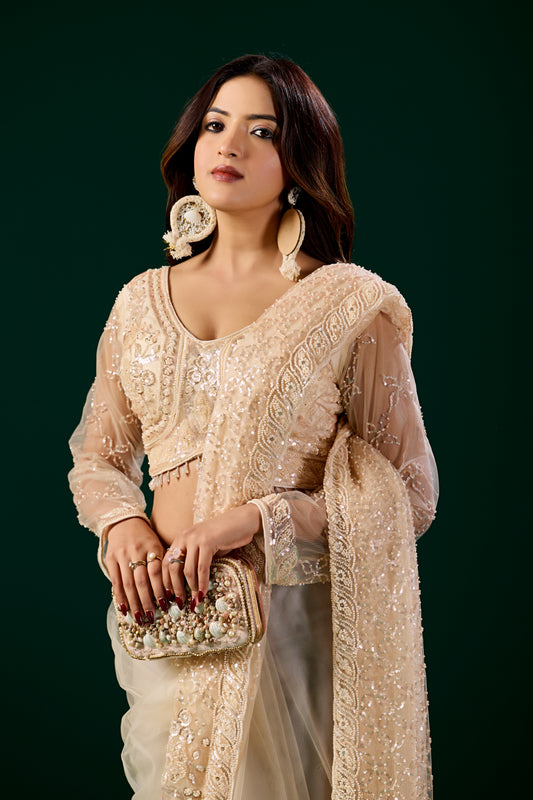 Styalish Net  Heavy Cutdana Embroidered Cream Saree (Deepika)