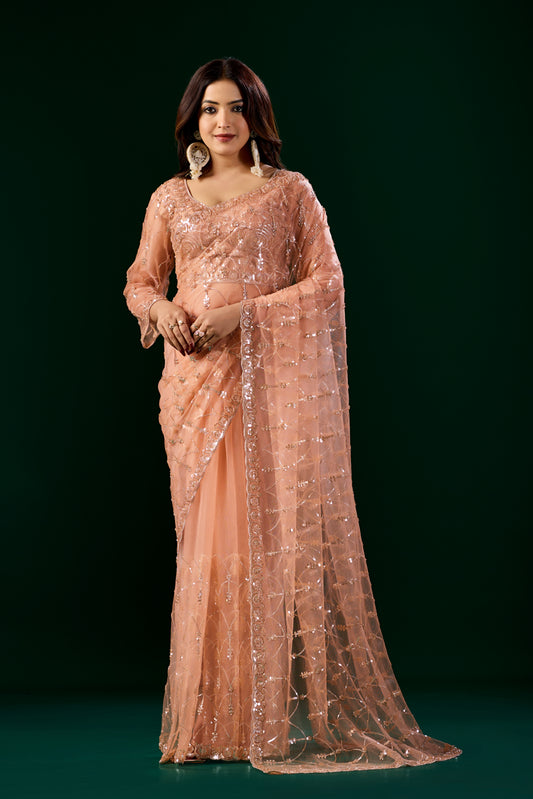 Styalish Net  Heavy Cutdana Embroidered Orange Saree (Rasha)