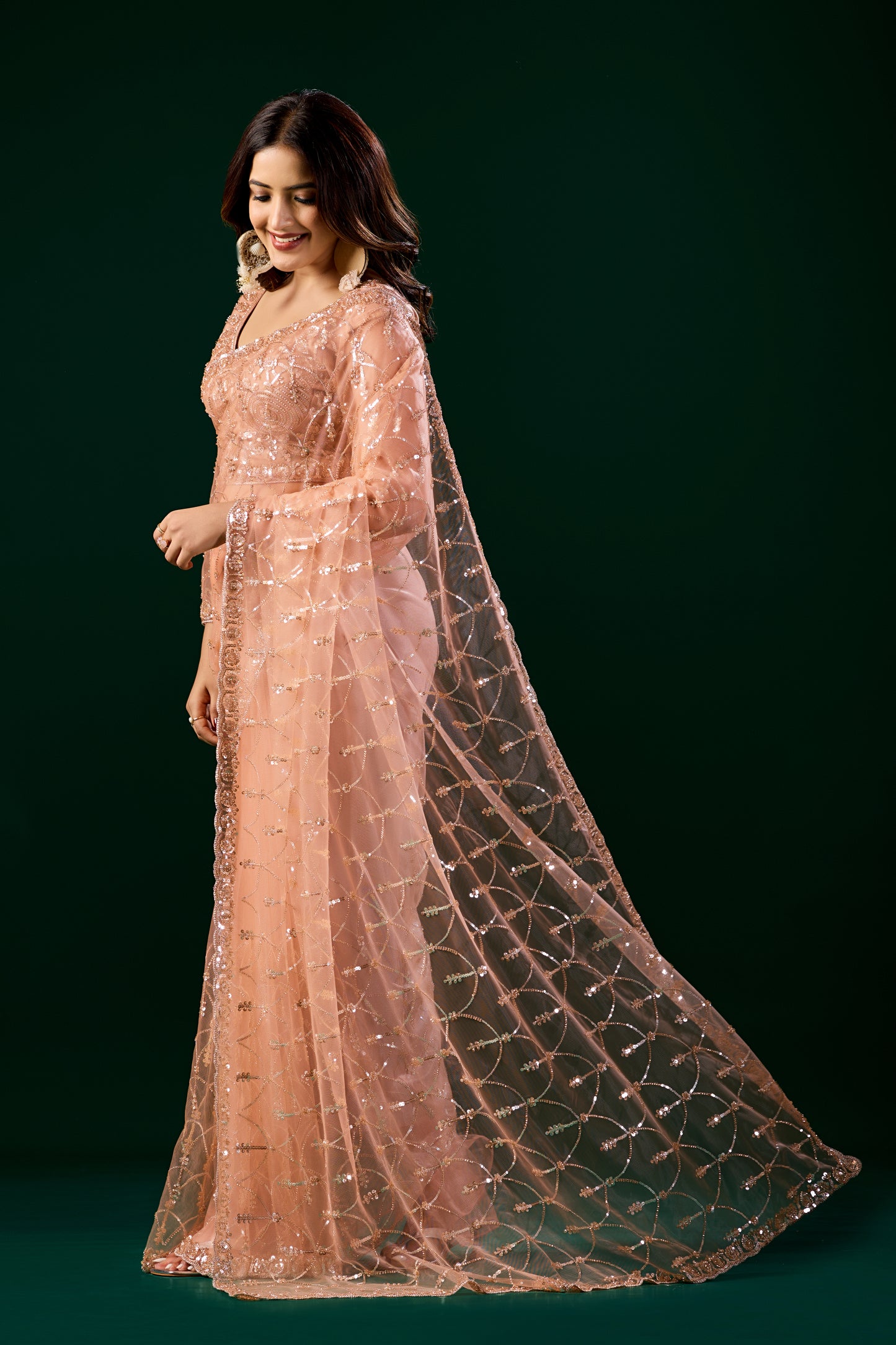 Styalish Net  Heavy Cutdana Embroidered Orange Saree (Rasha)