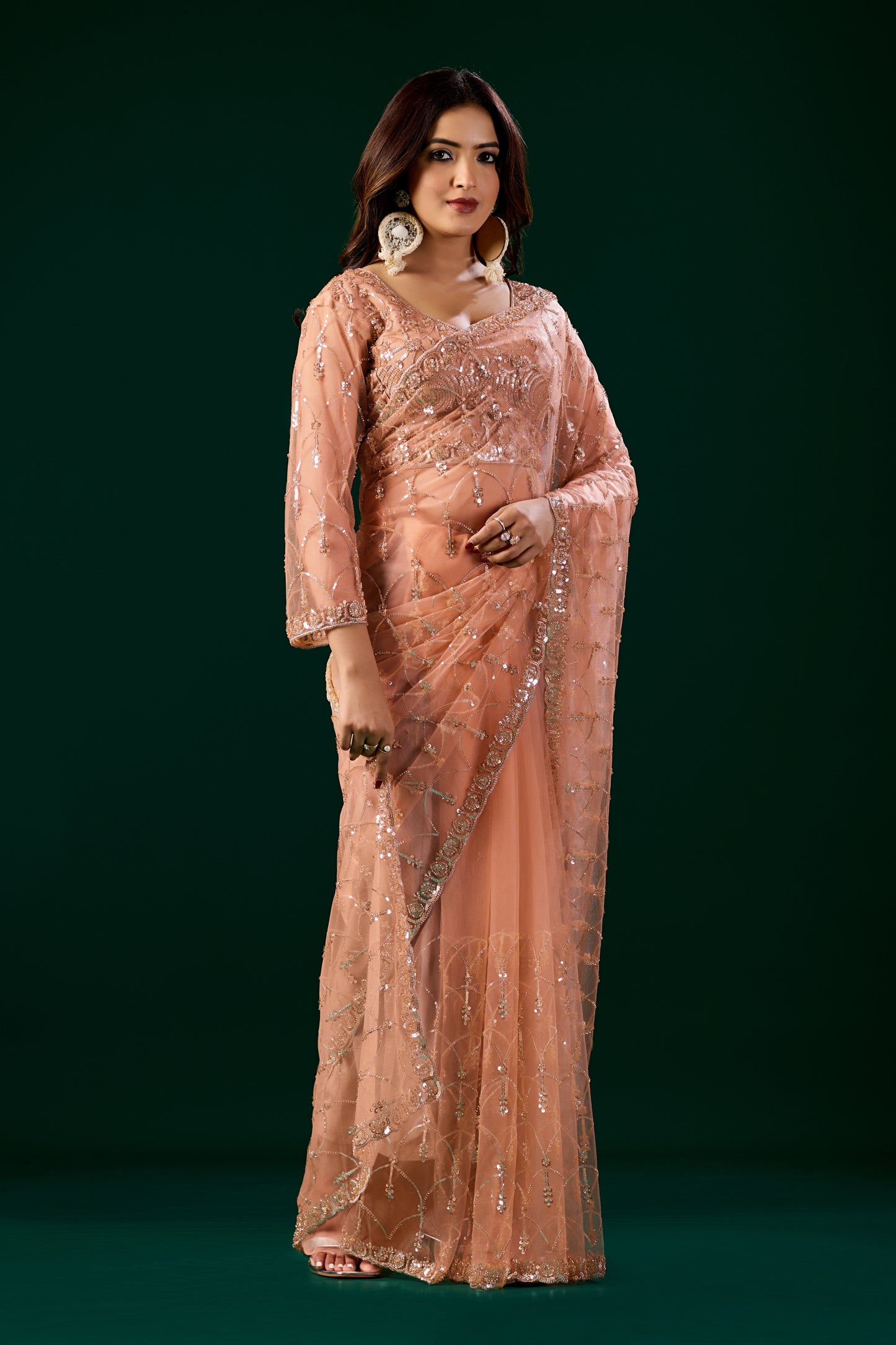 Styalish Net  Heavy Cutdana Embroidered Orange Saree (Rasha)