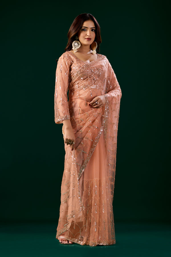 Orange Kanyaari saree with heavy cutdana embroidery and net fabric, featuring intricate embroidery and a vibrant, elegant design.