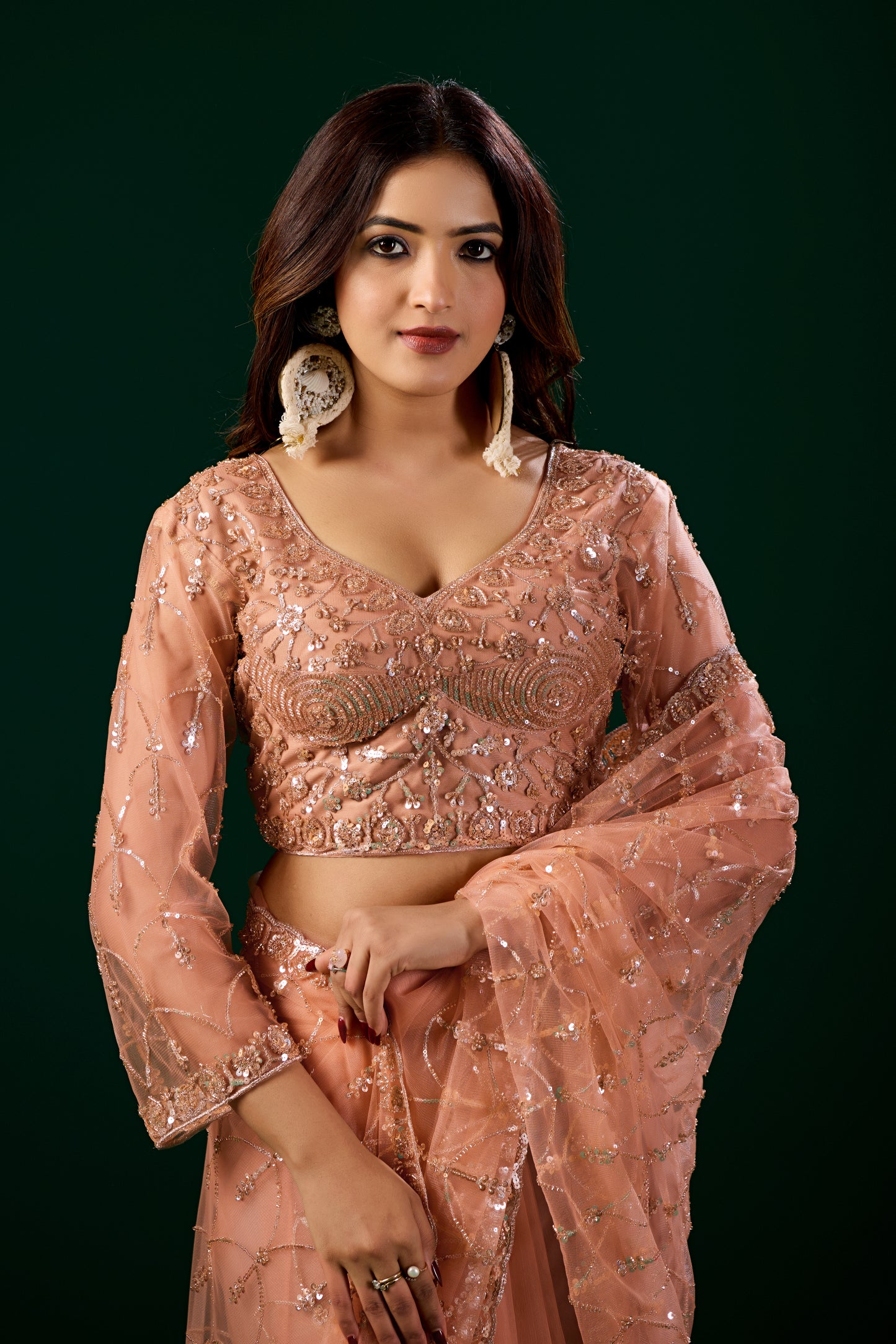 Styalish Net  Heavy Cutdana Embroidered Orange Saree (Rasha)