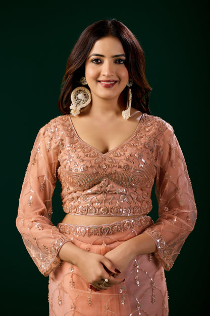 Orange Kanyaari saree with heavy cutdana embroidery and net fabric, featuring intricate embroidery details.