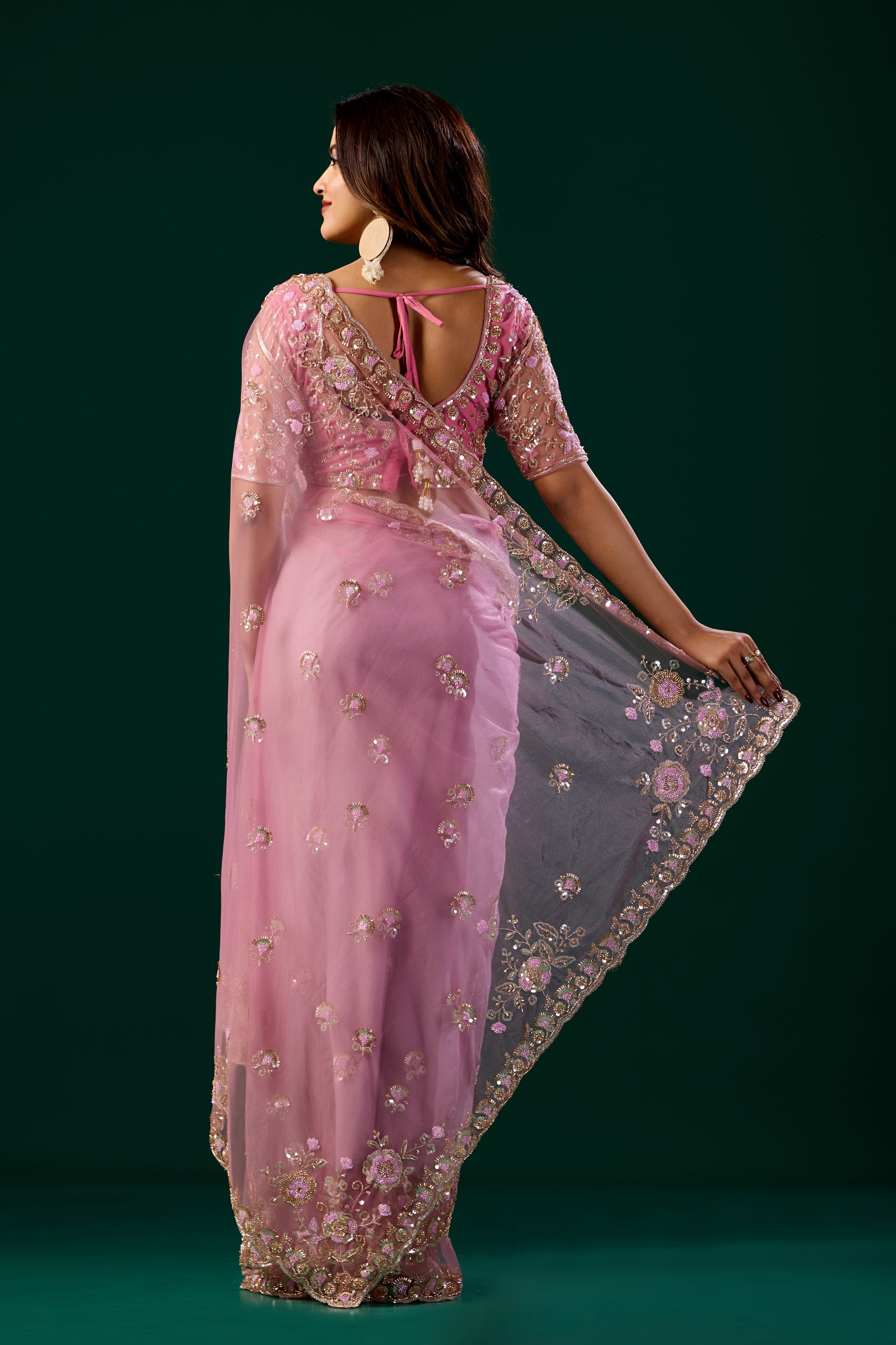 Pink Kanyaari Styalish Net saree with heavy Cutdana embroidery and intricate detailing, perfect for elegant occasions.