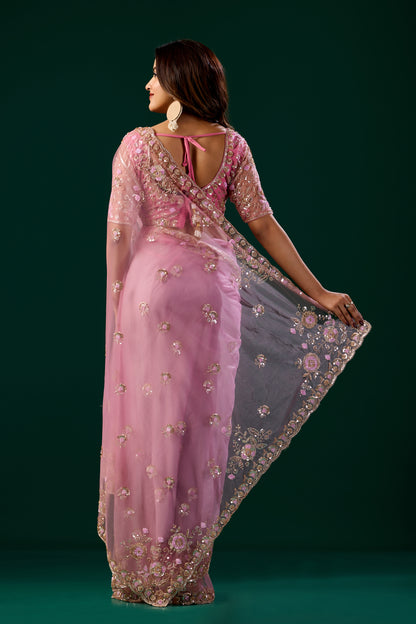 Pink Kanyaari Styalish Net saree with heavy Cutdana embroidery and intricate detailing, perfect for elegant occasions.