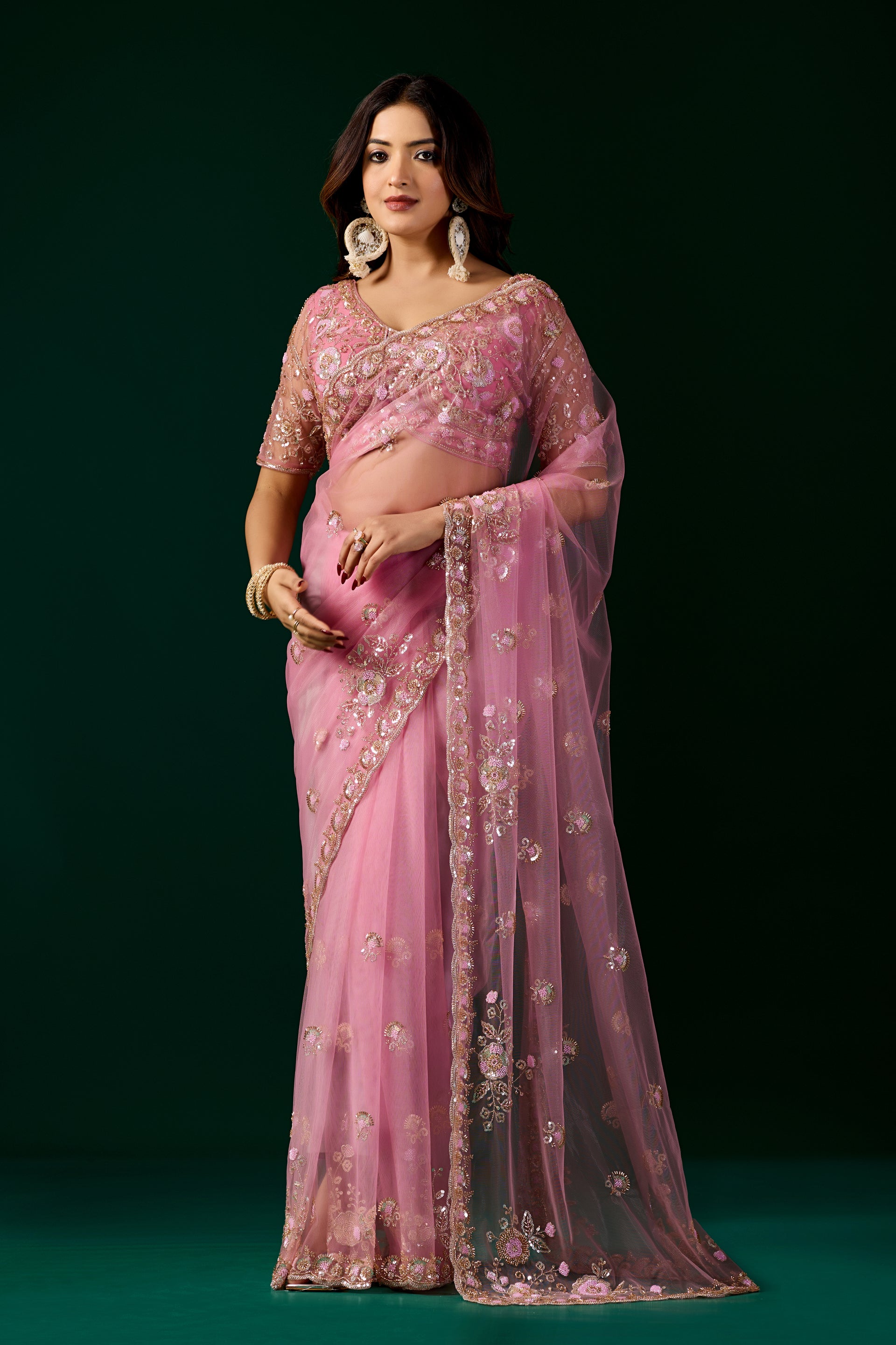 Pink Kanyaari Styalish Net saree with heavy cutdana embroidery and intricate embellishments, perfect for festive occasions.