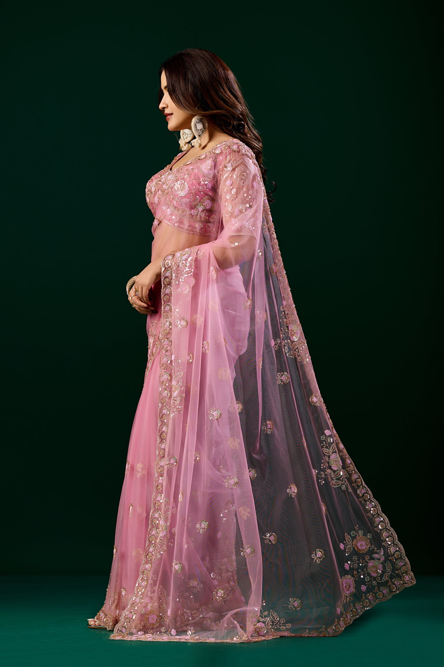 Styalish Net  Heavy Cutdana Embroidered Pink Saree (Kiara)