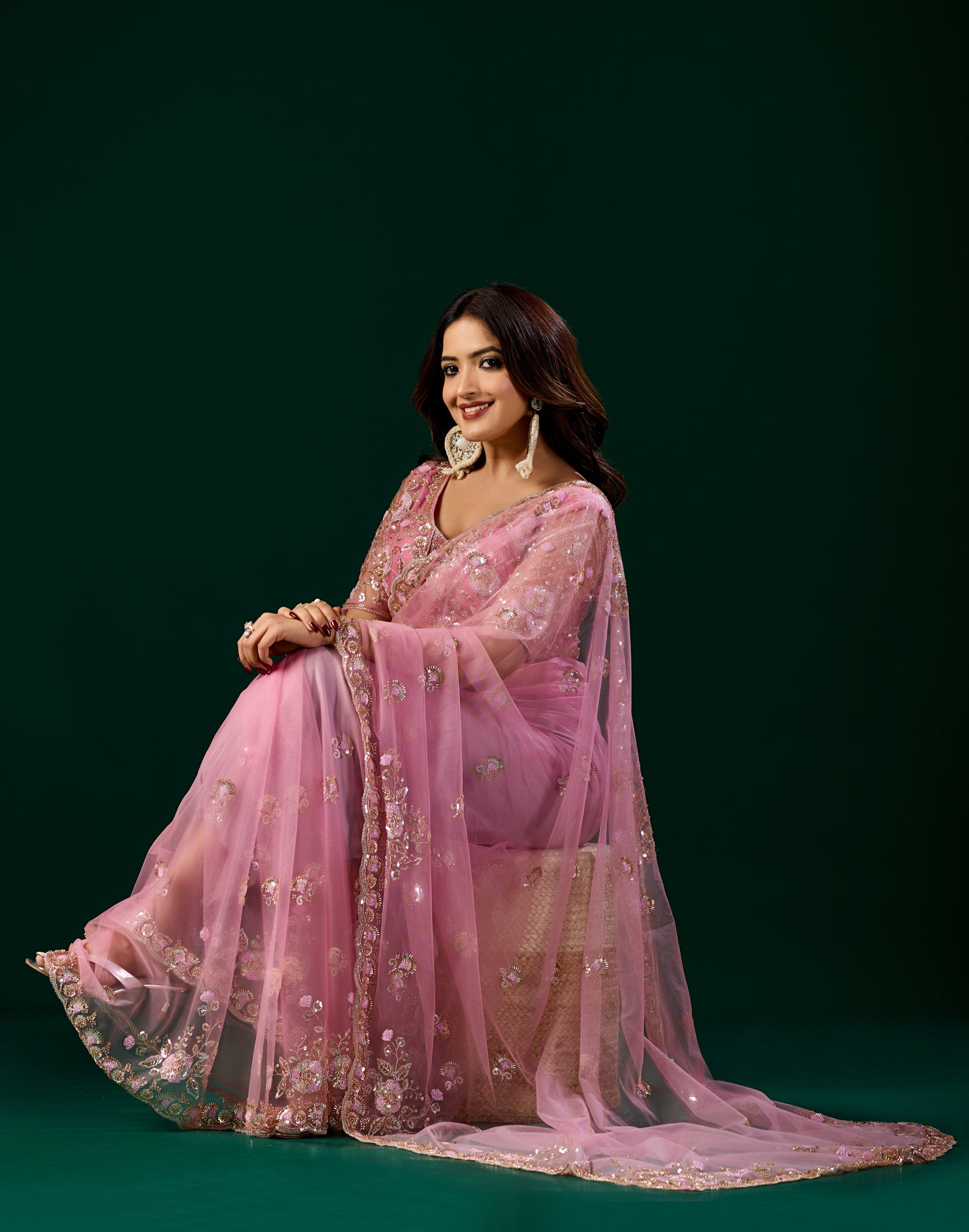 Styalish Net  Heavy Cutdana Embroidered Pink Saree (Kiara)
