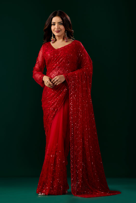Red Cutdana Saree With Unstitched Blouse