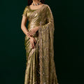 Premium Silk Mehndi Saree with Rose Gold Cutdana Work (Nakhrali)