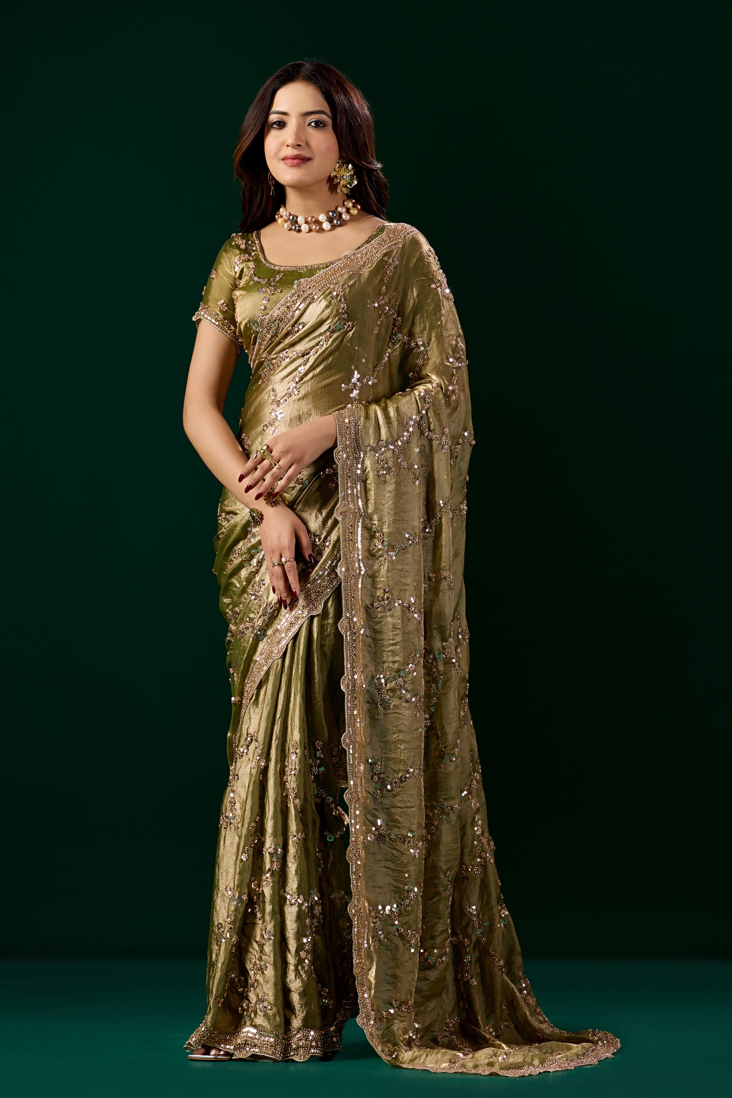 Premium Silk Mehndi Saree with Rose Gold Cutdana Work (Nakhrali)