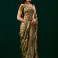 Premium Silk Mehndi Saree with Rose Gold Cutdana Work (Nakhrali)
